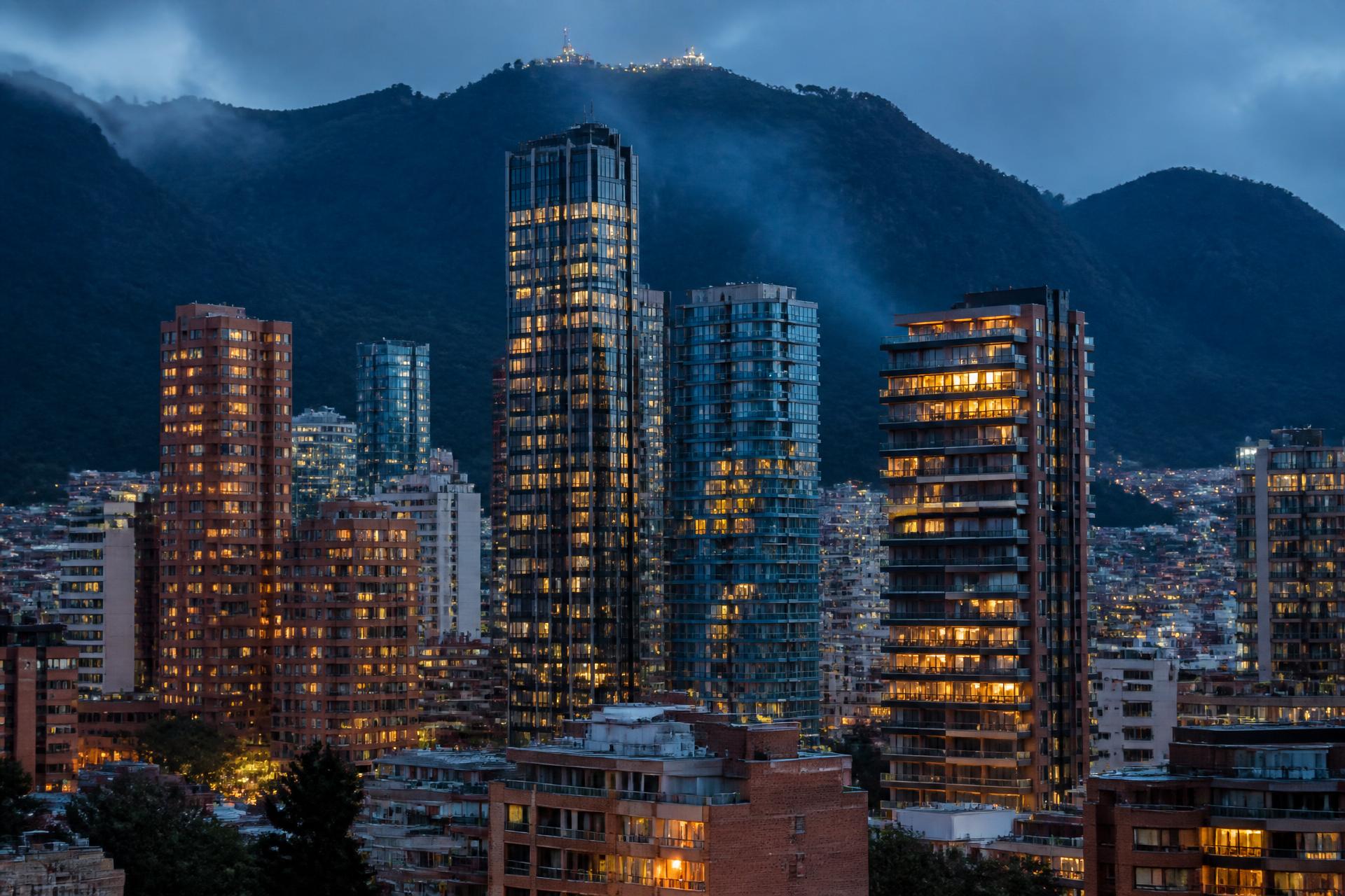 Panorámica de Bogotá al anochecer con los cerros orientales y edificios iluminados