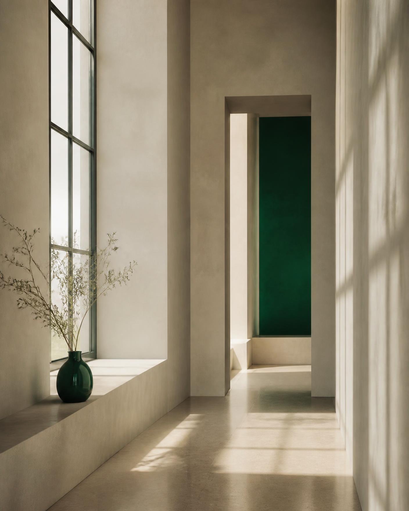 Corredor arquitectónico con luz natural y detalle en verde esmeralda
